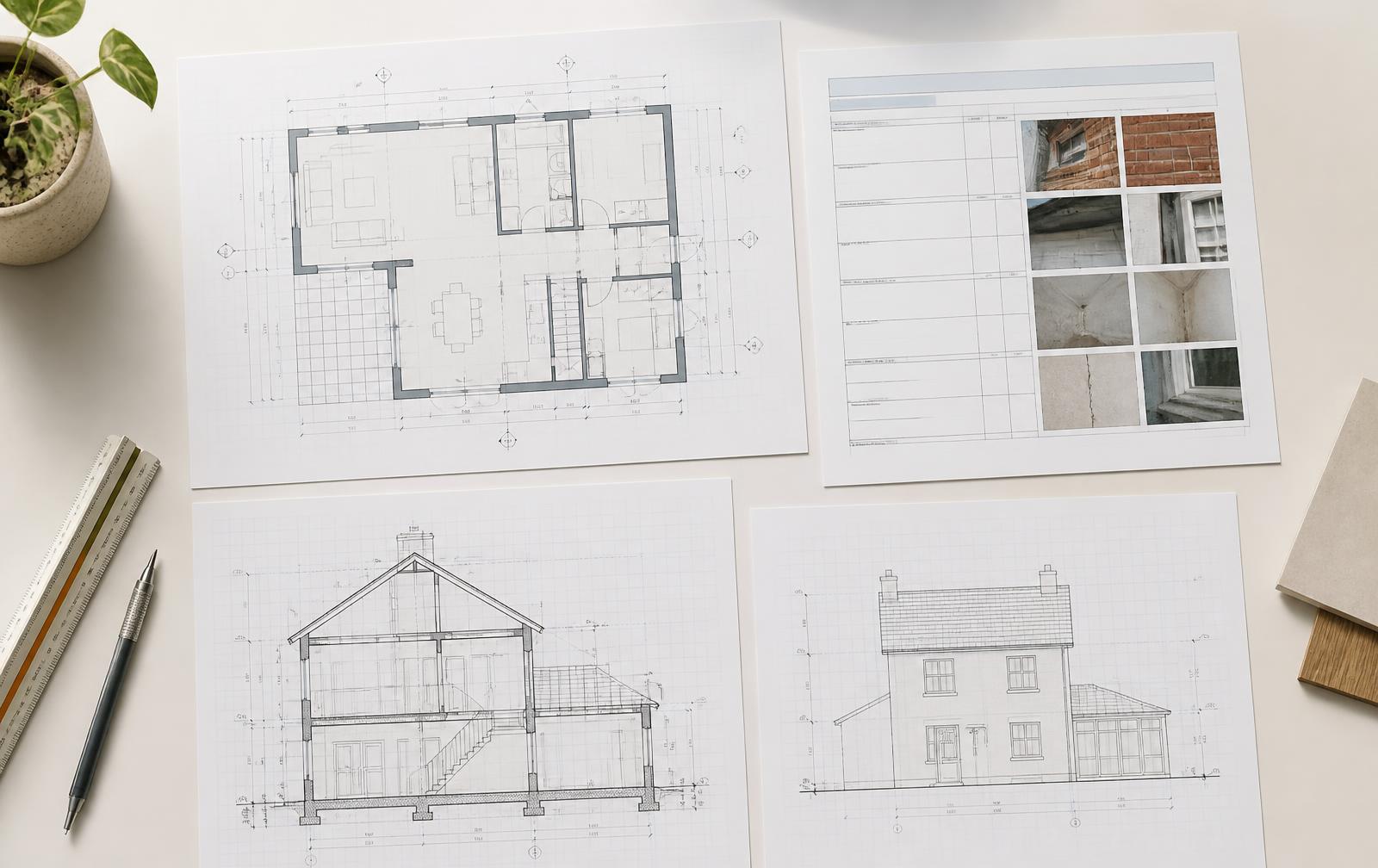Measured drawings and a condition report laid out on a desk, representing the released deliverable set.