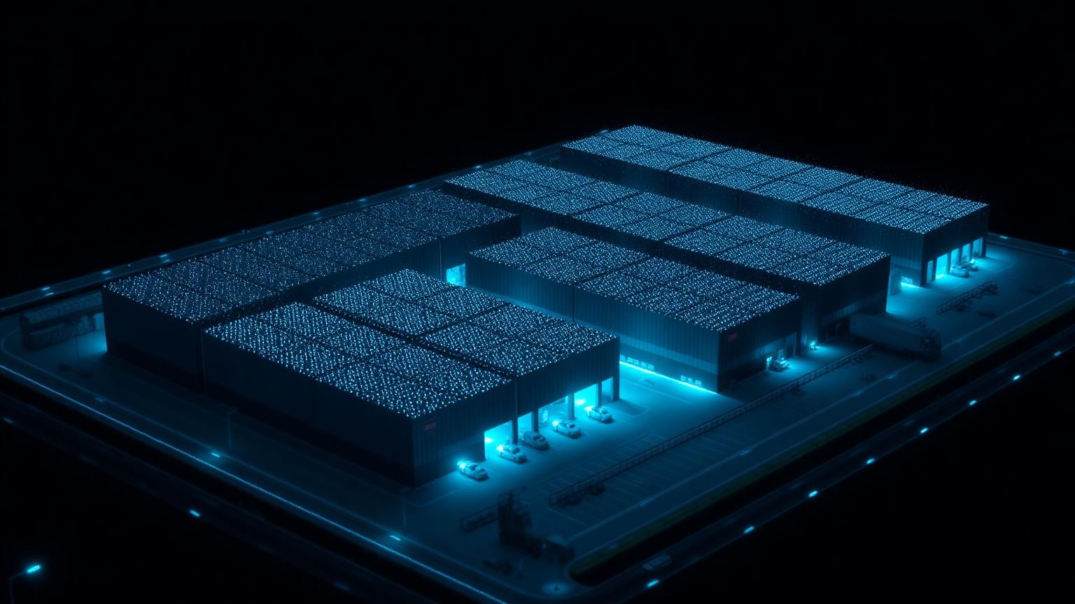 Illustrative point-field reconstruction of a logistics campus viewed from an aerial oblique angle, used as the static preview for the Immersive Property View demonstration.